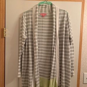 Grey and White Striped Cardigan Sweater